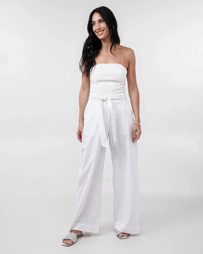 Calça Feminina Pantalona de Viscolinho com Faixa Branca